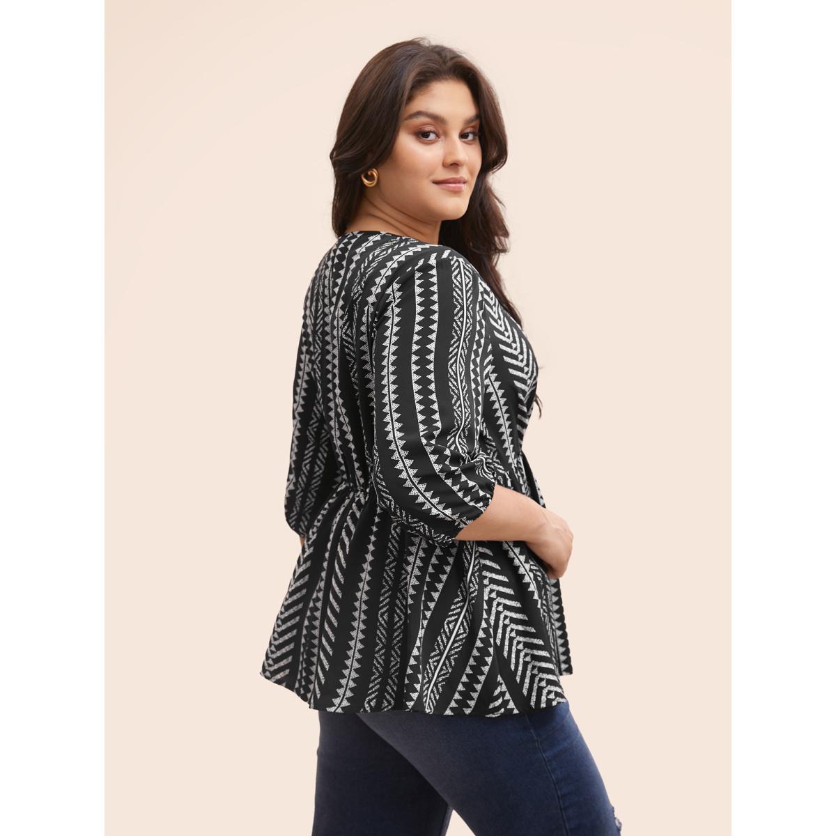 Plus Size Black Bandana Geometric Lantern Sleeve Gathered Blouse Women Boho Elbow-length sleeve V-neck Vacation Blouses BloomChic 30/6X Product Image