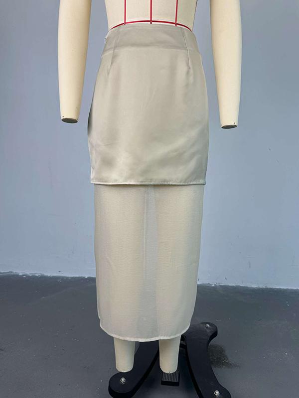 Loose Solid Color See-Through Long Sleeves Lapel Blouse + Skirt Two Pieces Set Product Image