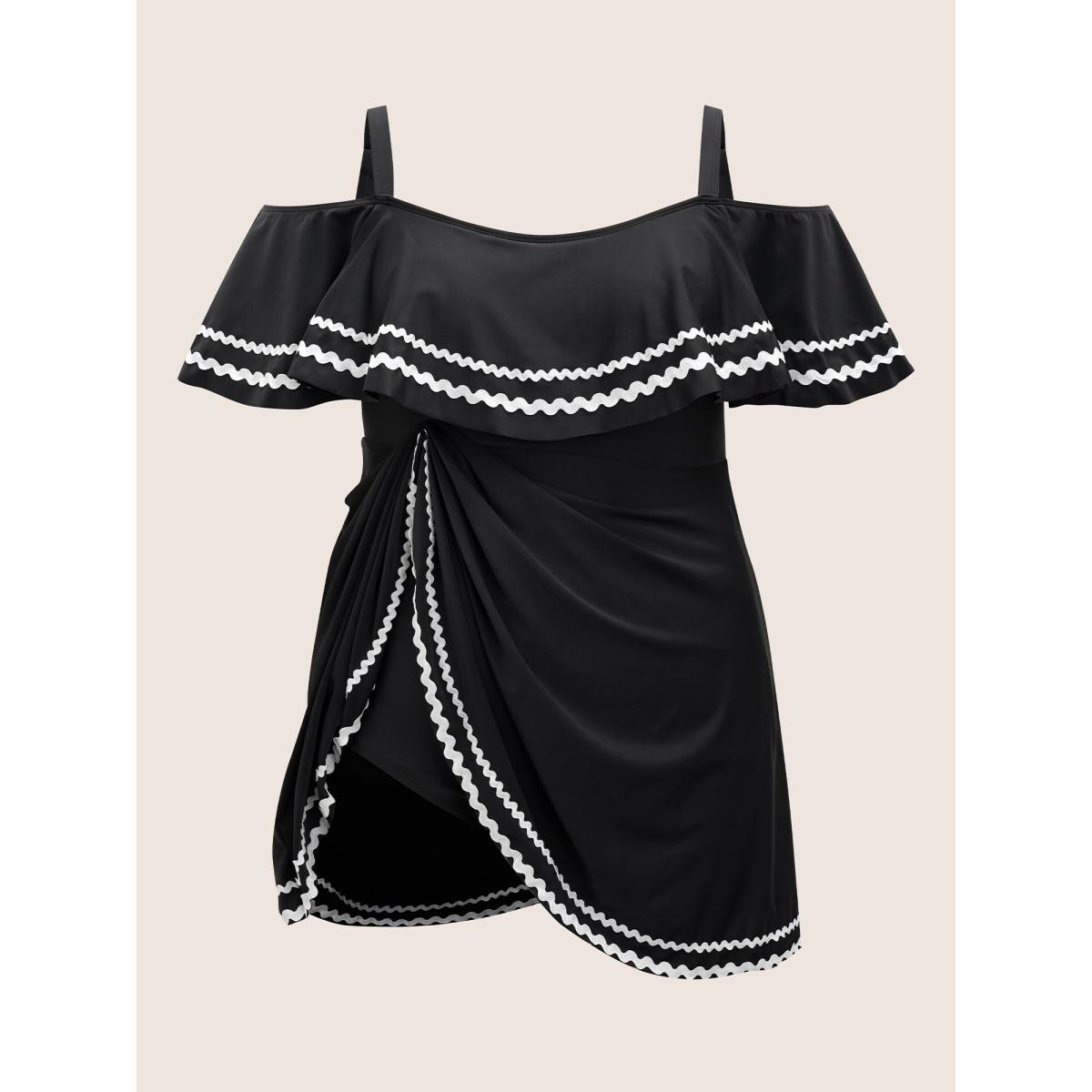 Plus Size One Shoulder Neck Woven Ribbon Swim Dress Women's Swimwear Black Beach Bodycon One-shoulder neck High stretch Curve Swim Dresses BloomChic 18-20/2X Product Image