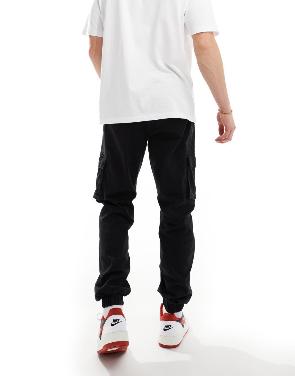 Only & Sons tapered fit cuffed cargo pants in black Product Image