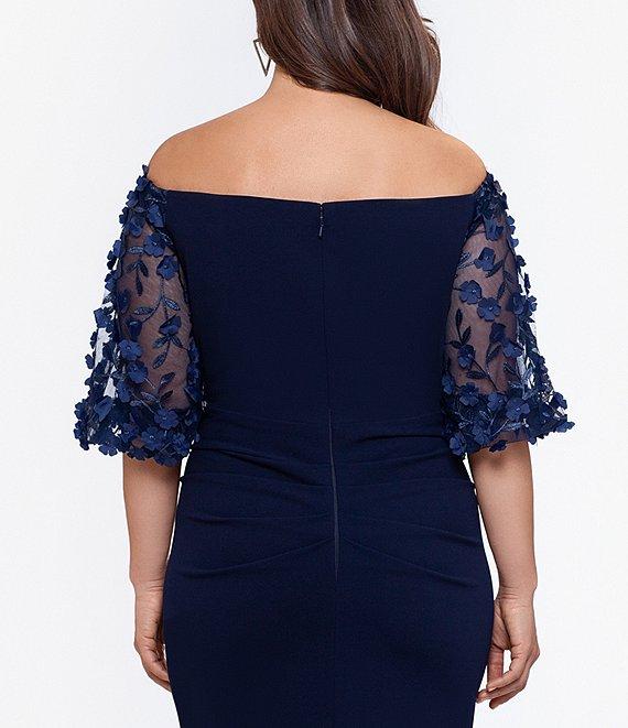 Xscape Plus Size 3D Floral Applique Scuba Crepe Off-the-Shoulder Short Puffed Sleeve Sheath Gown Product Image