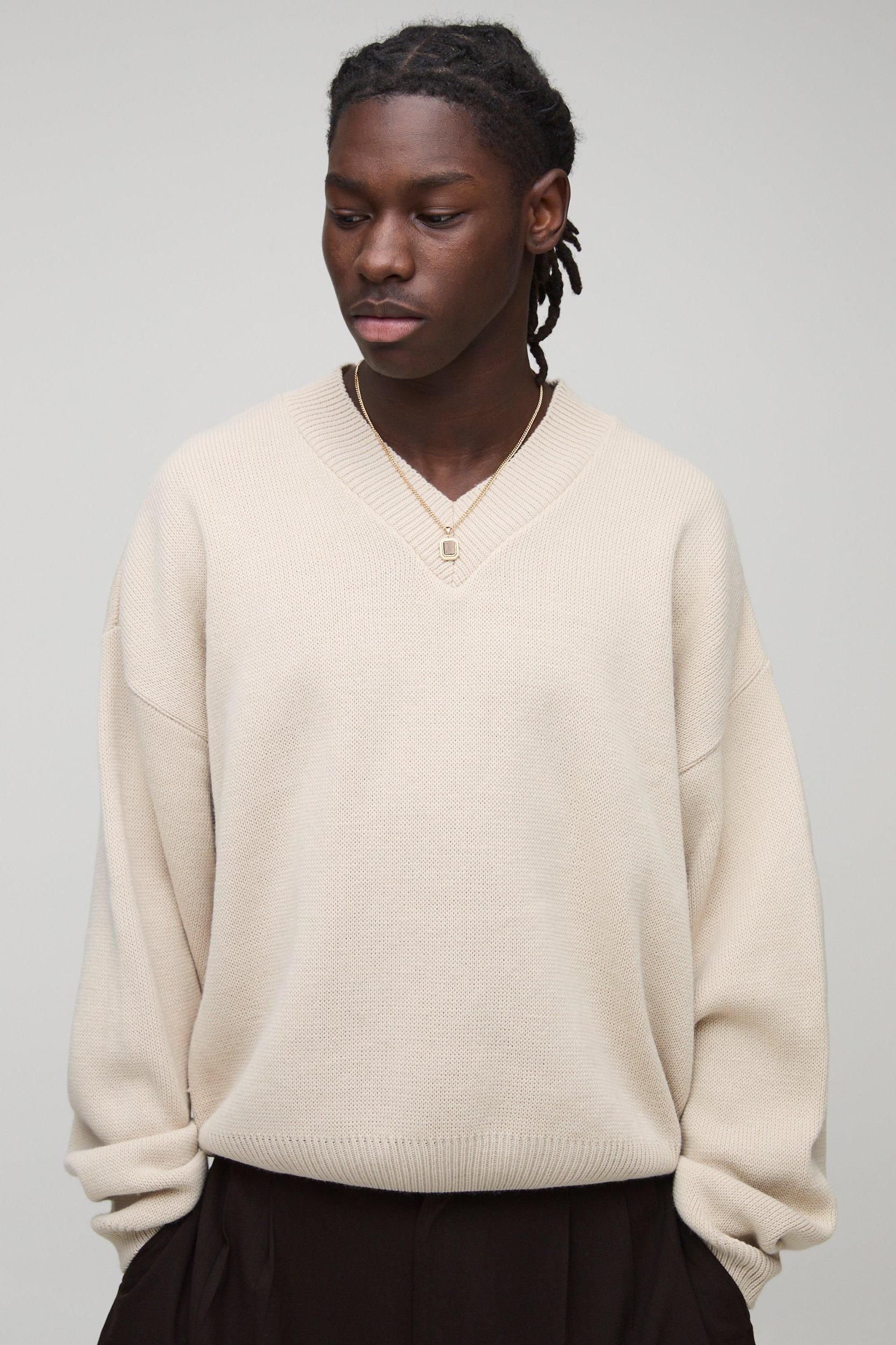 Oversized Boxy V Neck Knitted Sweater | boohooMAN USA Product Image