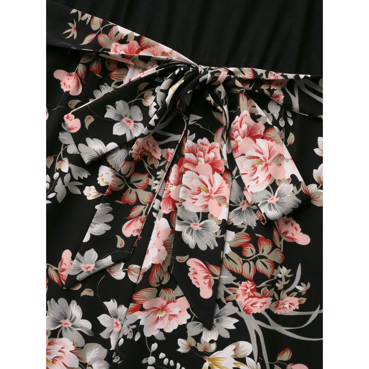 Plus Size Black Color Contrast Belted Panel Pockets Jumpsuit Women Timeless Short sleeve Square Neck Elegant Loose Jumpsuits BloomChic 28/5X Product Image