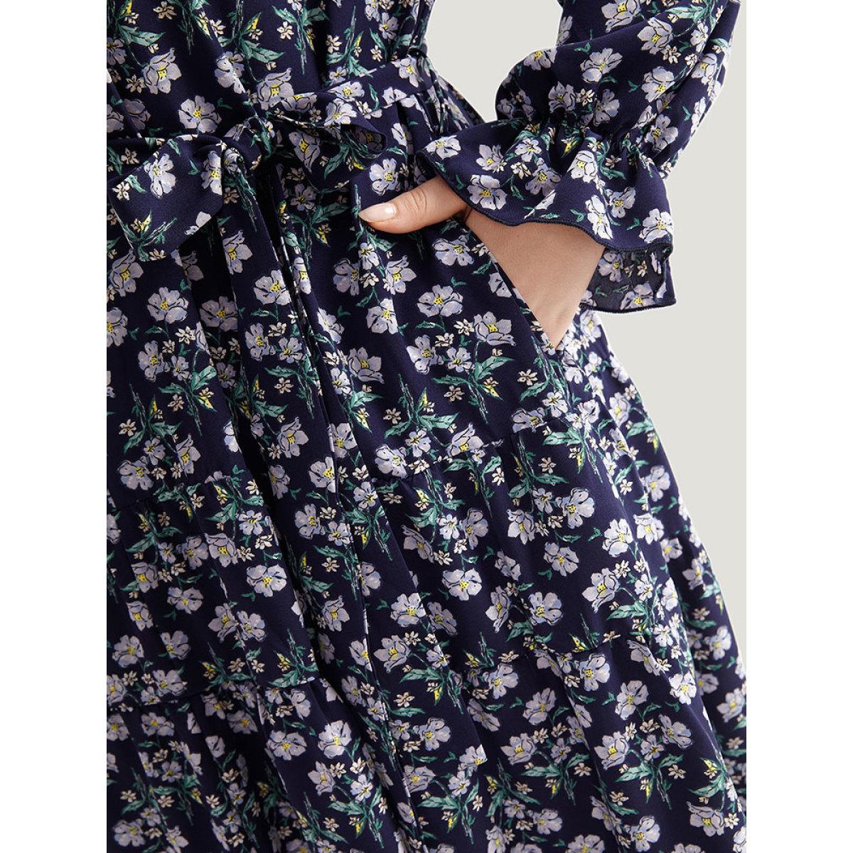 Plus Size Ditsy Floral Pocket Tie Neck Frill Trim Dress Indigo Women Vacation Cross straps Tie Neck Long Sleeve Curvy Midi Dress BloomChic 10/M Product Image