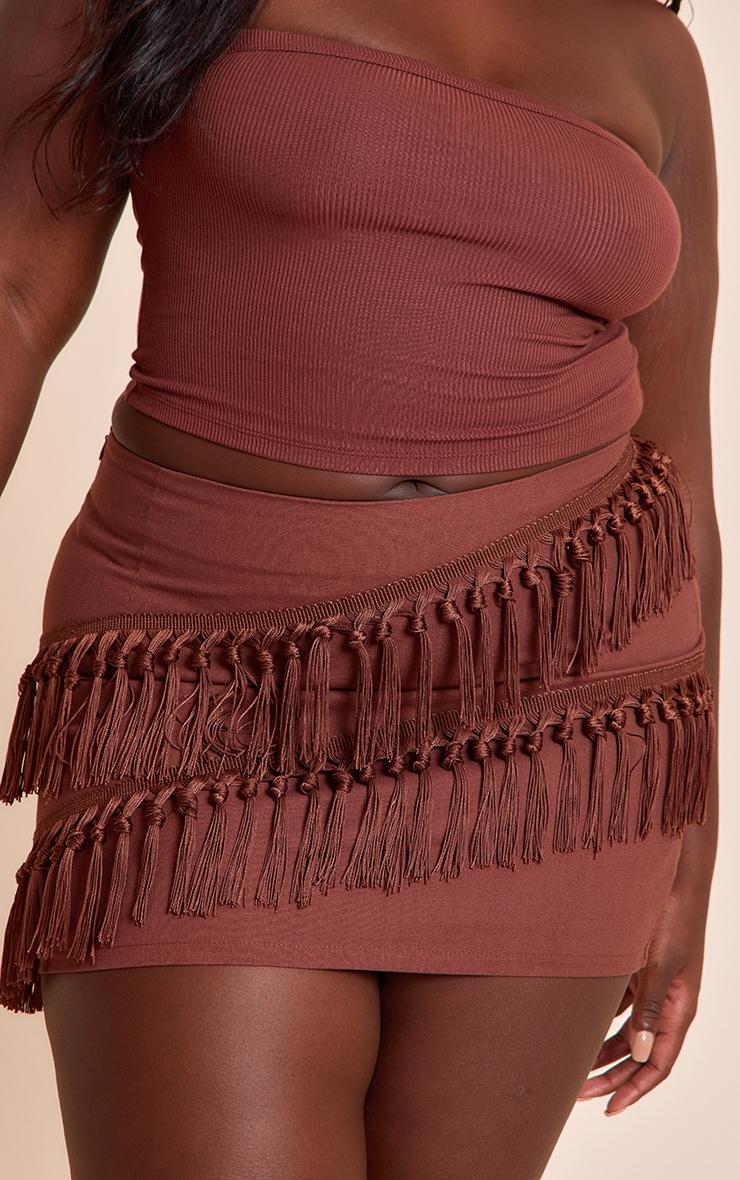 Plus Chocolate Linen Tassle Detail Mini Skirt Product Image