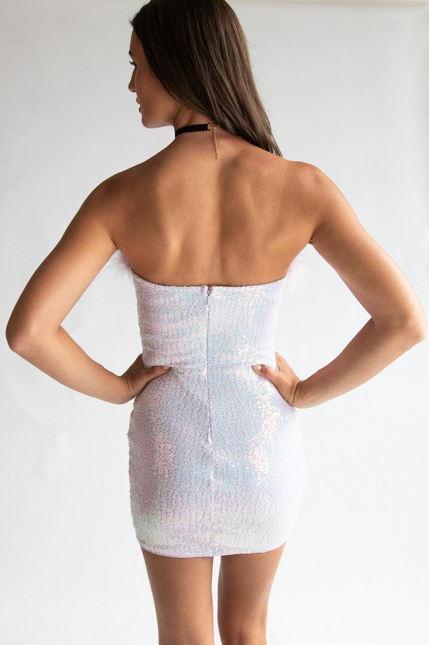 Sequin Fur Trim Strapless Mini Dress Product Image