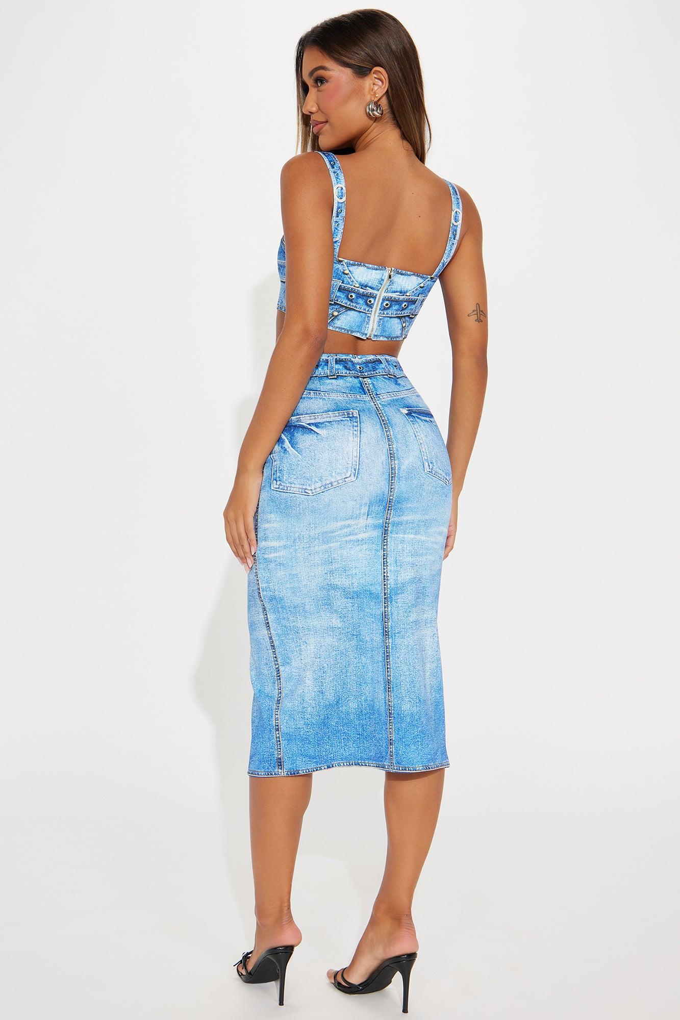 Zahra Denim Print Skirt Set - Blue Product Image