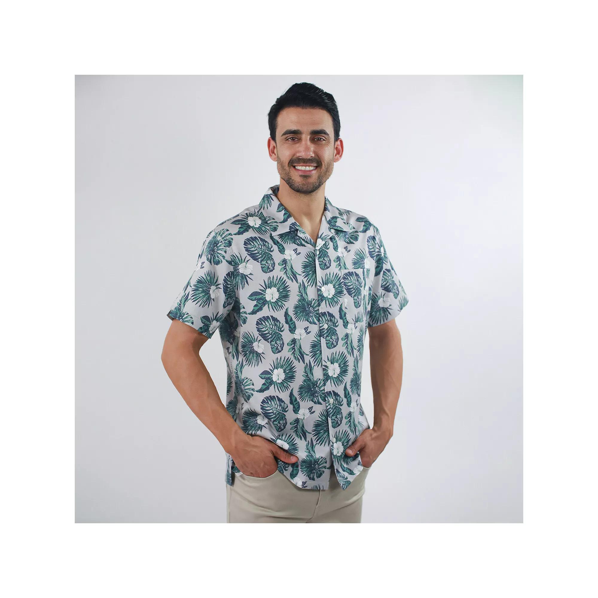 Men's JACHS NY Short Sleeve Linen Camp Shirt, Size: Small, Grey Leaves Product Image