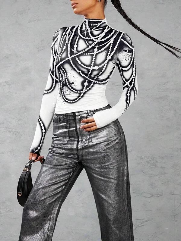 Long Sleeves Skinny Printed Striped High Neck T-Shirts Tops Product Image