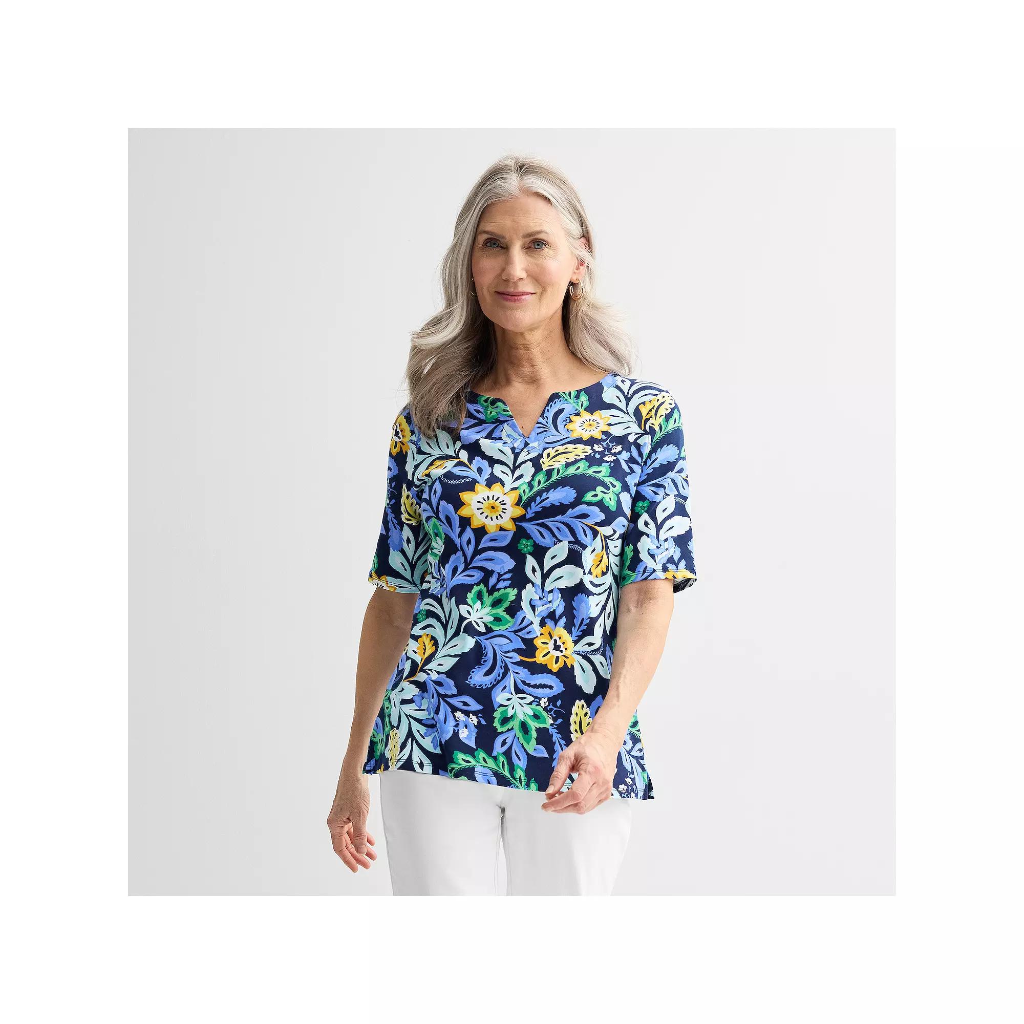 Petite Croft & Barrow® Elbow Sleeve Splitneck Top, Women's,  Product Image