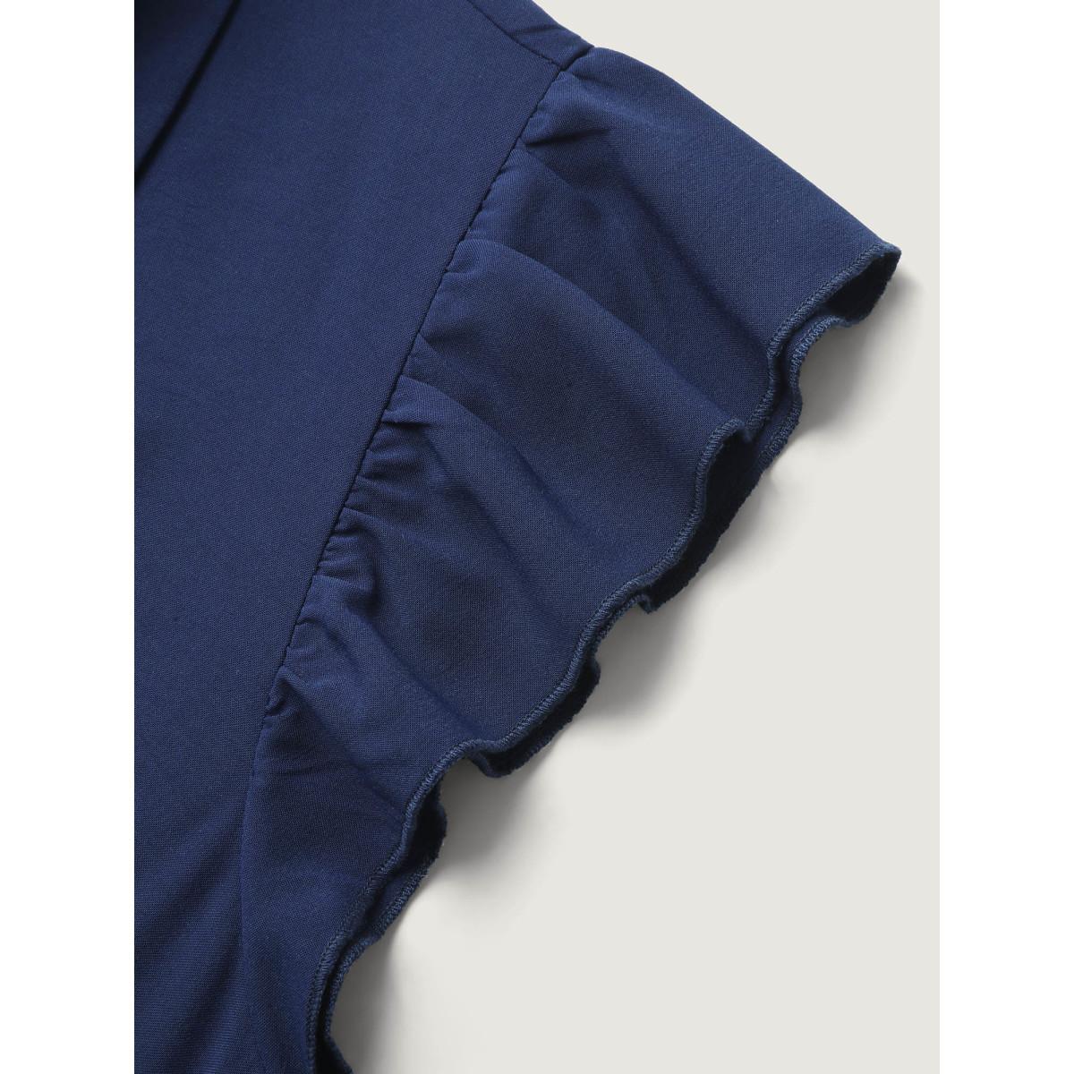 Plus Size Flutter Sleeve Belted Shirt Dress DarkBlue Women Shirt collar Cap Sleeve Curvy BloomChic 18-20/2X Product Image