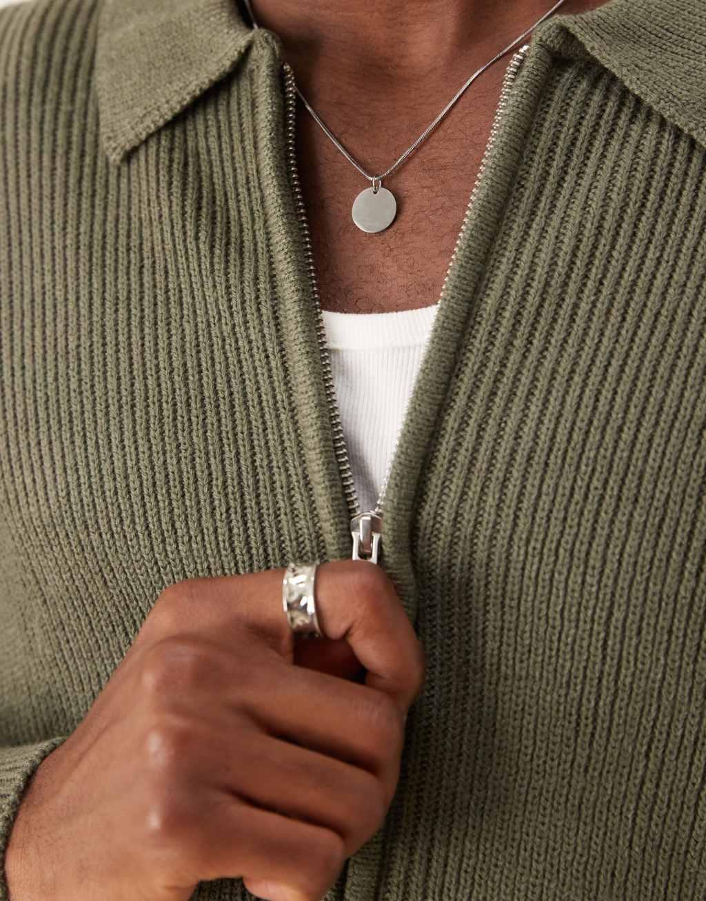 ASOS DESIGN oversized ribbed knitted zip through cardigan with collar in khaki Product Image