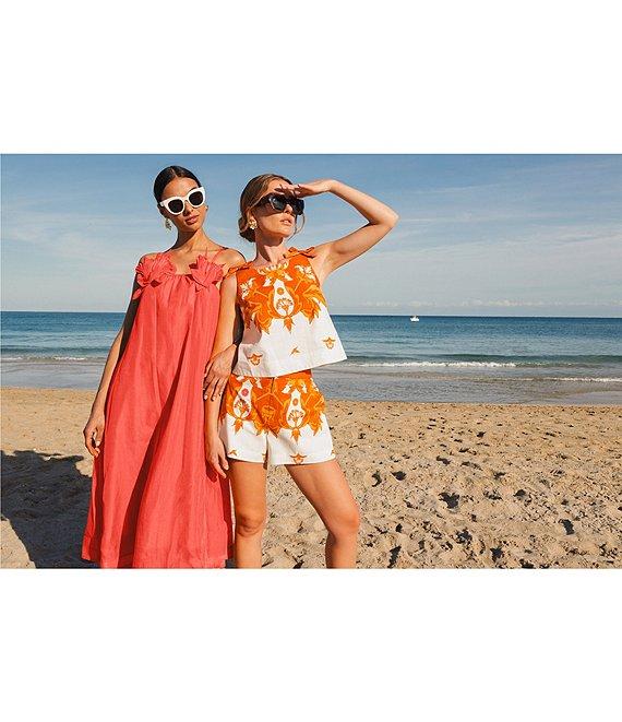 Mestiza New York Solenn Linen Blend Organza Square Neck Sleeveless Floral Applique Midi Dress Product Image