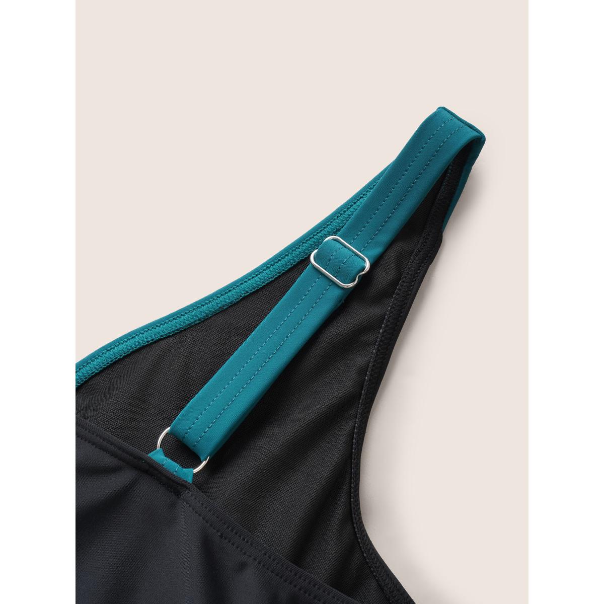 Plus Size Two Tone Gathered Adjustable Straps Swim Top Women's Swimwear Cyan Beach Contrast High stretch Skinny V-neck Curve Swim Tops BloomChic 30/6X Product Image