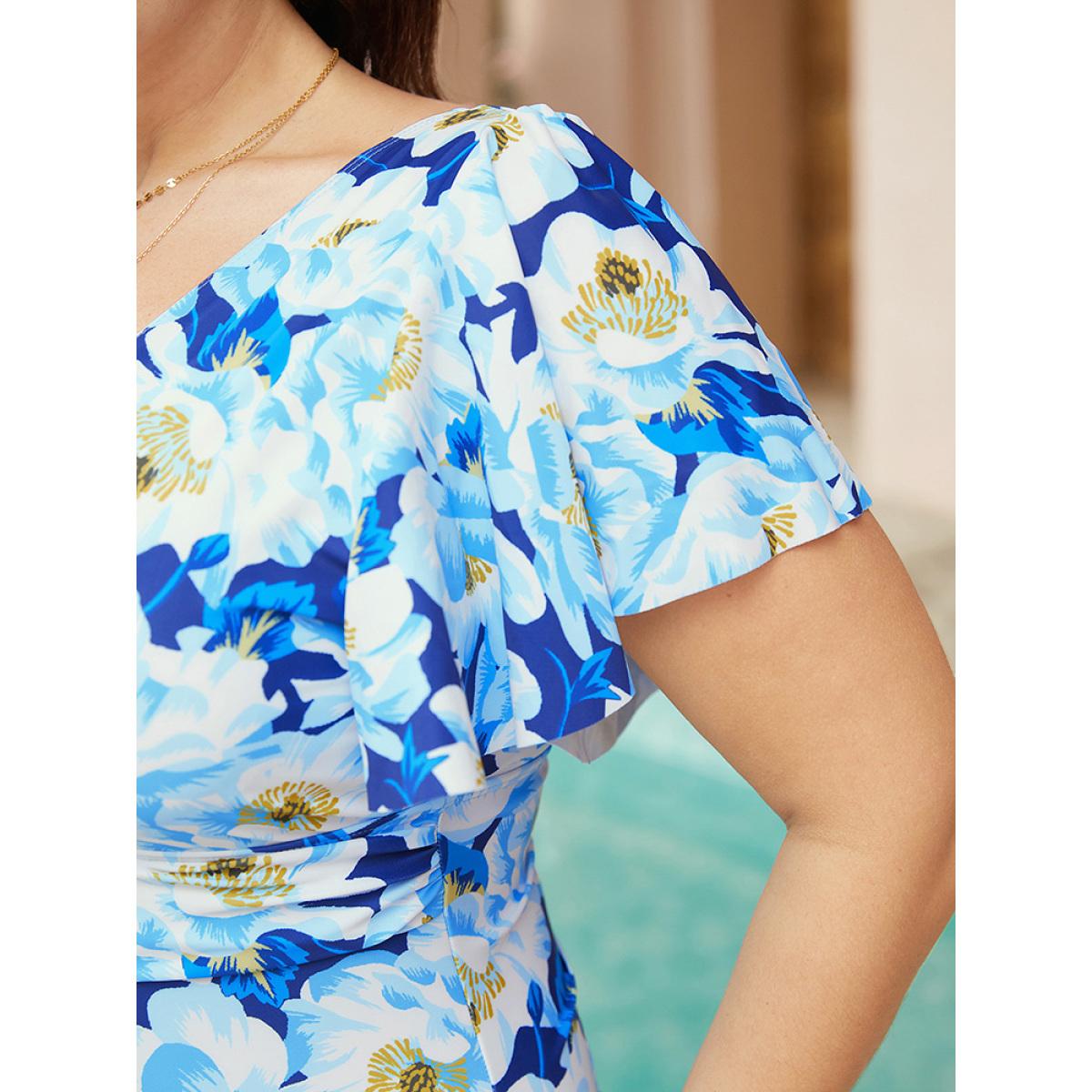 Plus Size Floral Ruched Ruffle Sleeve Wrap One Piece Swimsuit Women's Swimwear Cerulean Vacation Tummy control Curve Bathing Suits High stretch One Pieces BloomChic 30/6X Product Image