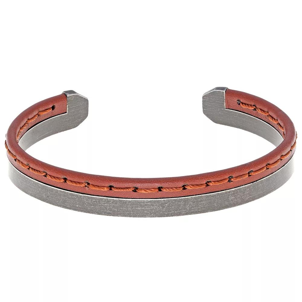 LYNX Men's Stainless Steel & Brown Leather Cuff Bangle Bracelet, Size: 8.5" Product Image