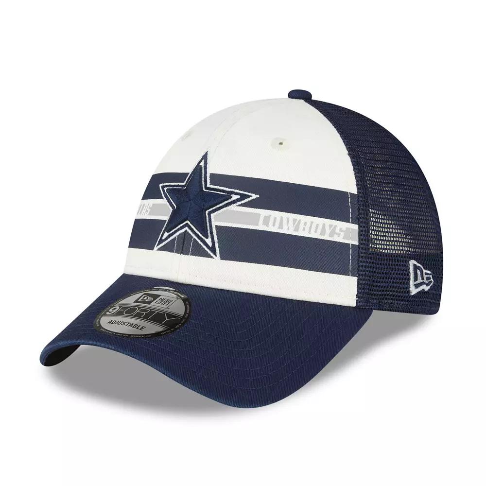 Men's New Era Cream/Navy Dallas Cowboys Team Stripe Trucker 9FORTY Snapback Hat, Beige Product Image