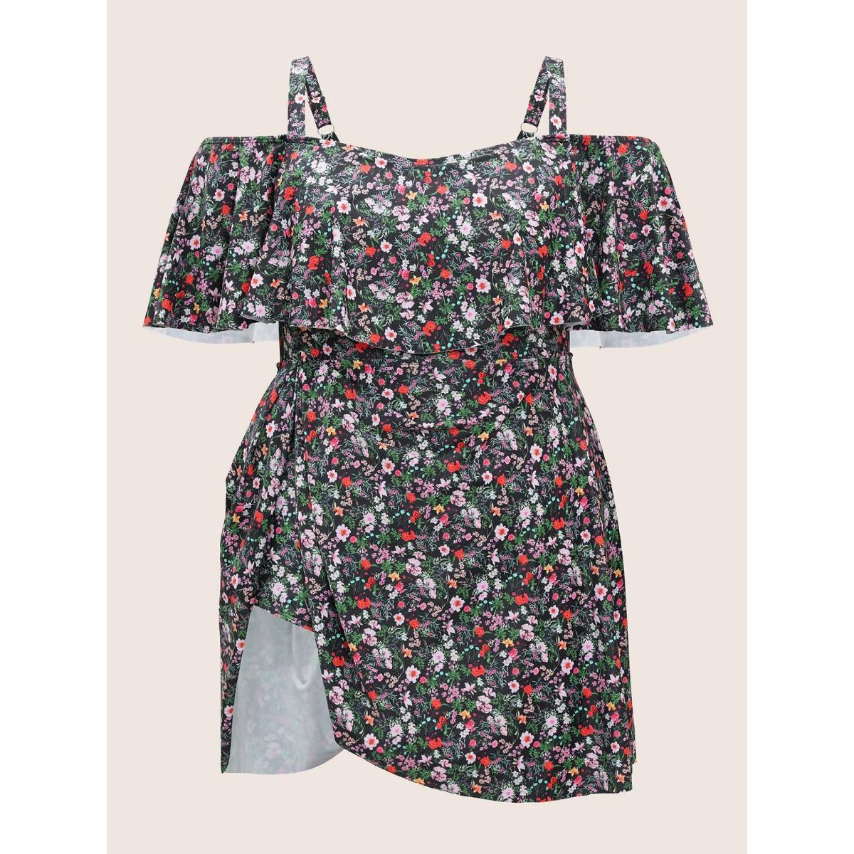 Plus Size Ditsy Floral Ruffles Cold Shoulder Swim Dress Women's Swimwear Black Beach Bodycon One-shoulder neck High stretch Curve Swim Dresses BloomChic 14-16/1X Product Image