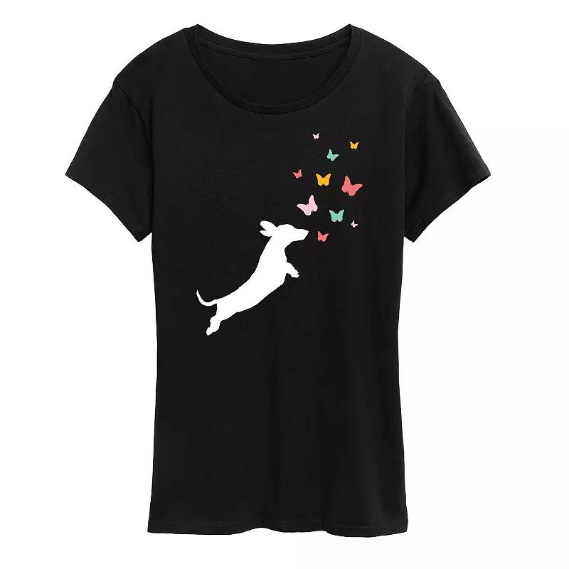 Women's Dachshund Chasing Butterflies Graphic Tee,  Product Image
