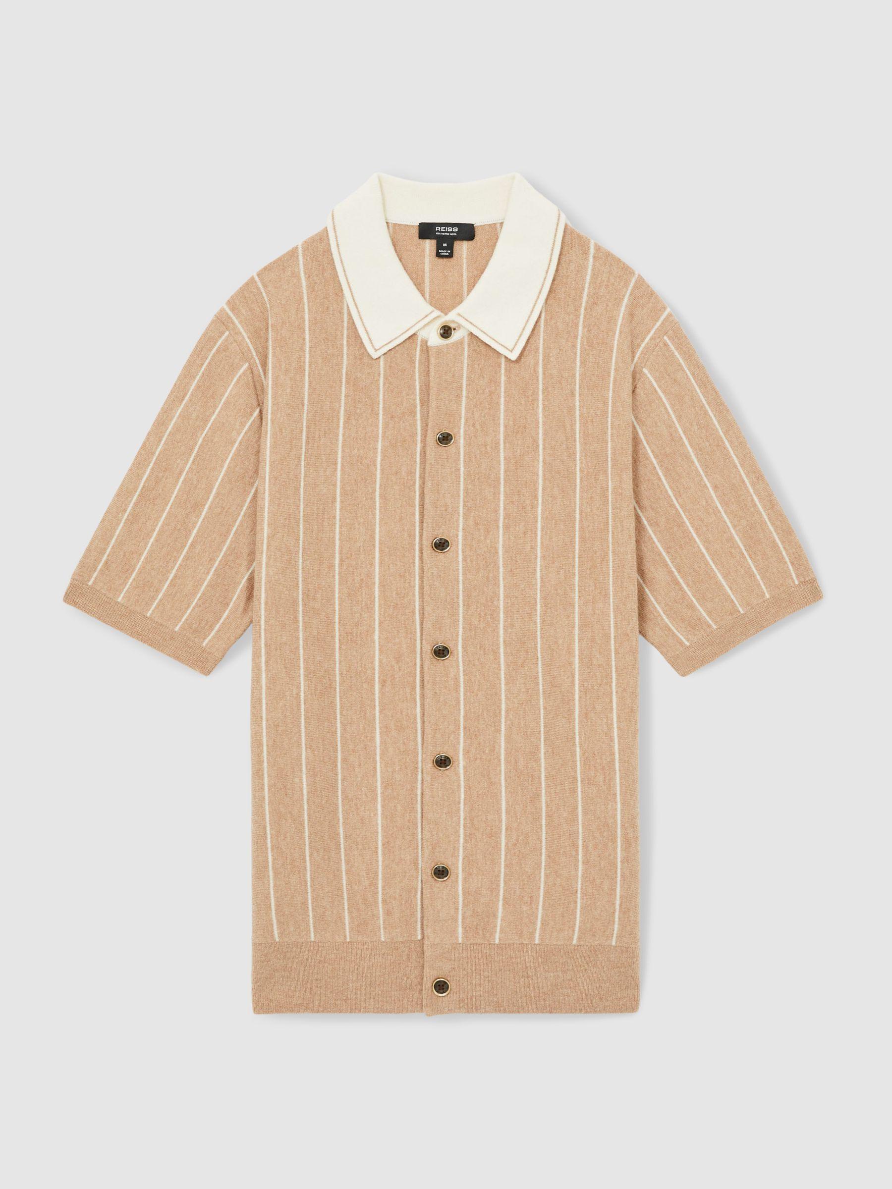 Wool Striped-Knit Short-Sleeve Shirt in Camel Product Image
