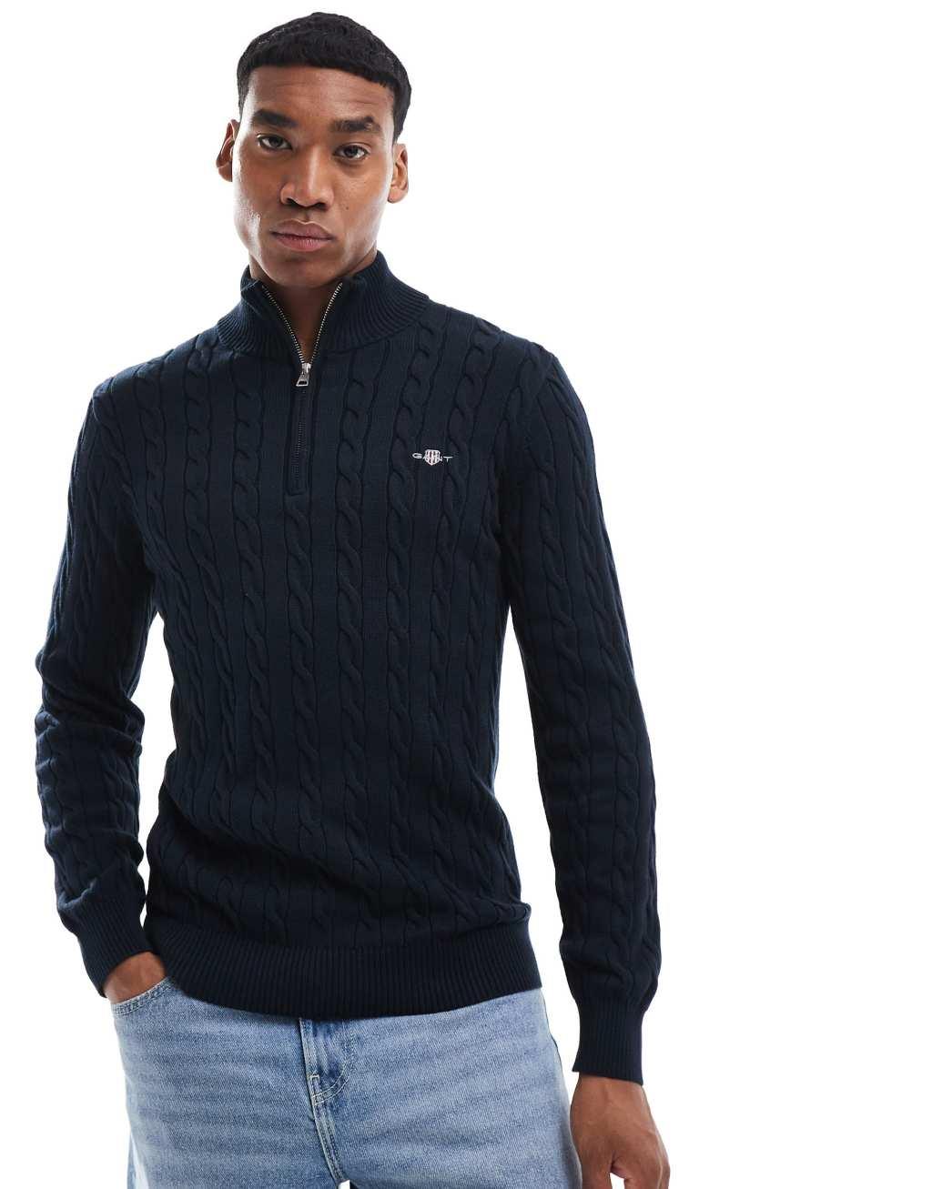 GANT cotton cable knit half zip sweater with logo in navy Product Image