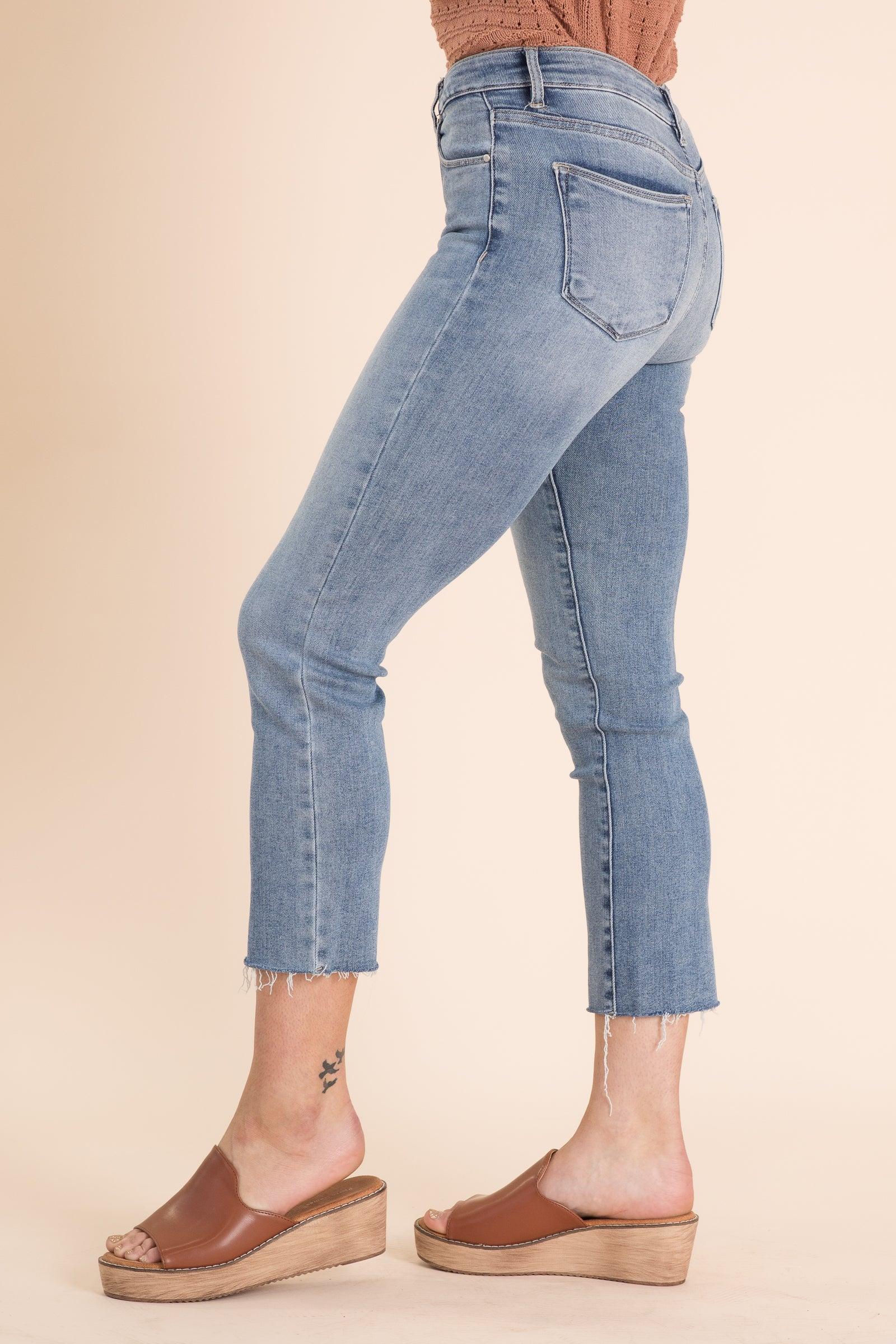 Risen Mid Rise Raw Hem Straight Leg Jeans Product Image