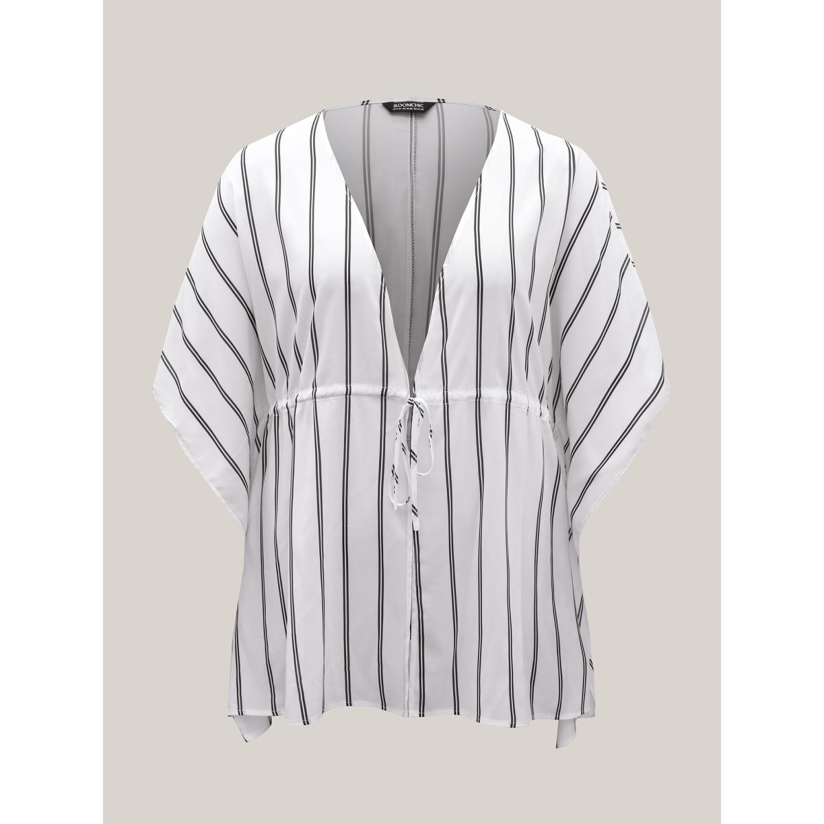 Plus Size Striped Waist Tie Kimono Cardigan Women Originalwhite Drawstring Loose Vacation Kimonos BloomChic 22-24/3X Product Image