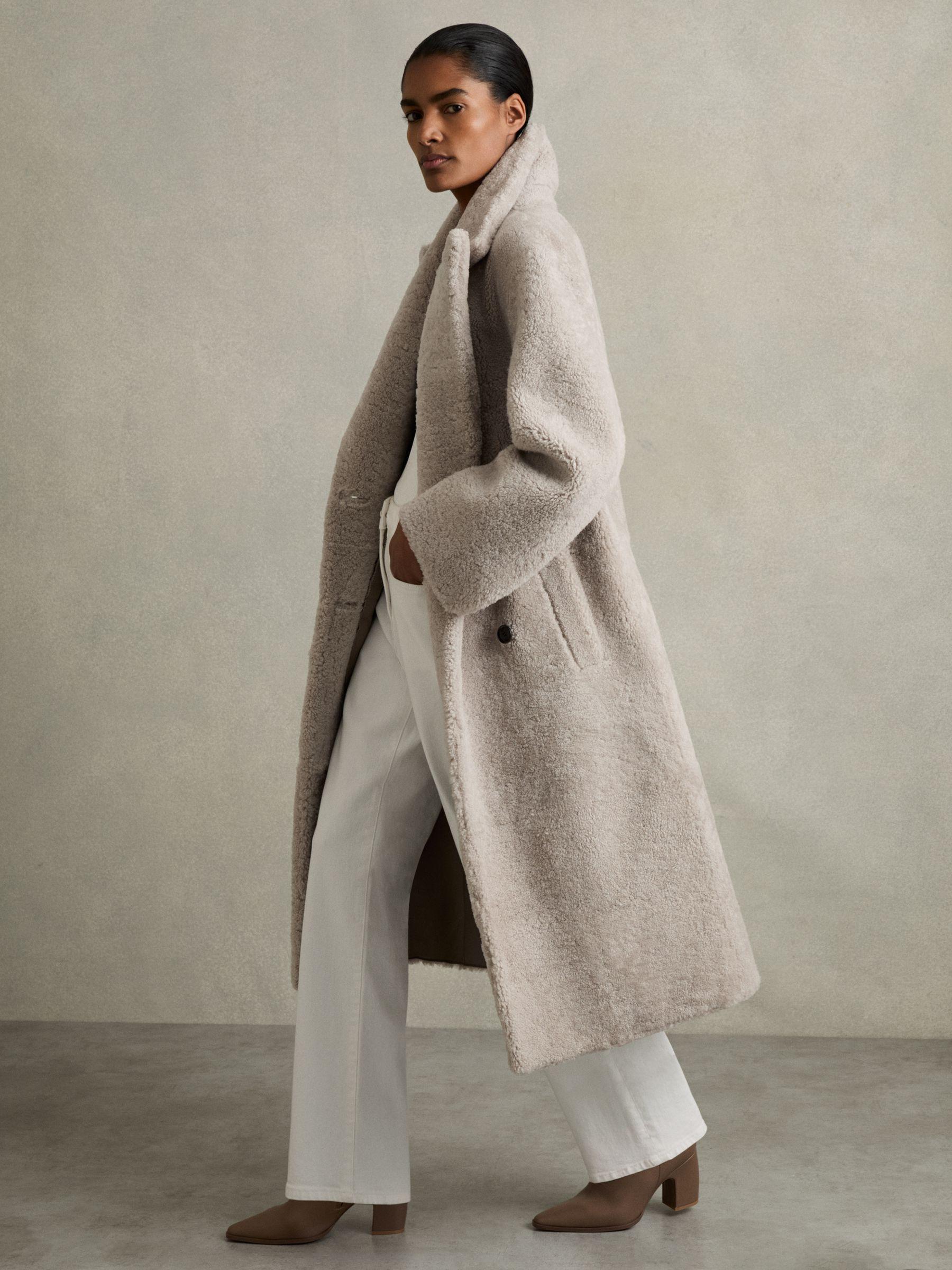 Double Breasted Long Shearling Coat in Neutral Product Image