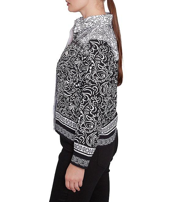 Ruby Rd. Petite Size Luxe Voile Abstract Botanical Border Print Point Collar Long Sleeve Button-Front Jacket Product Image