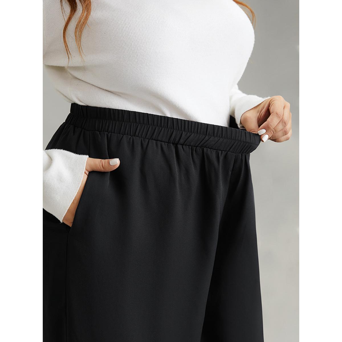 Plus Size Solid Chiffon Elastic Waist Wide Leg Pants Women Black Elegant Wide Leg High Rise Dailywear Pants BloomChic 10/M Product Image