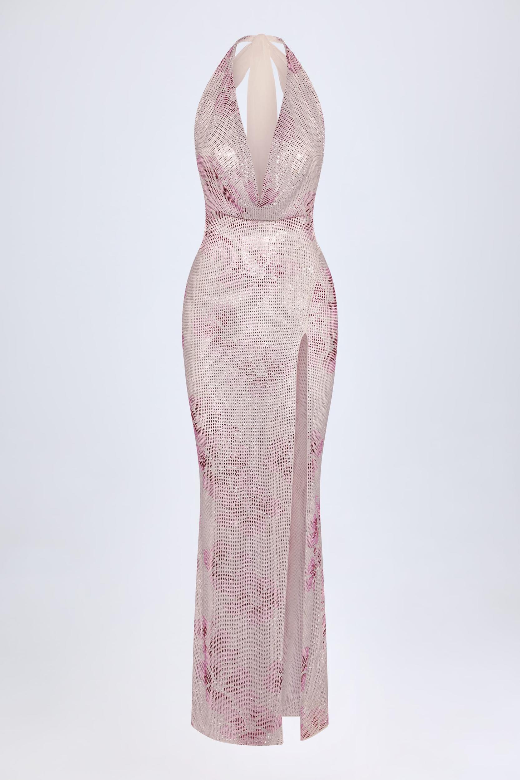 Embellished Cowl-Neck Maxi Dress in Pink White Hotfix Product Image