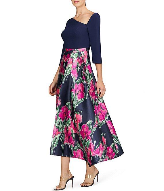 Kay Unger Giovana Asymmetrical Neck 3/4 Sleeve Mixed Media Aline Midi Dress Product Image