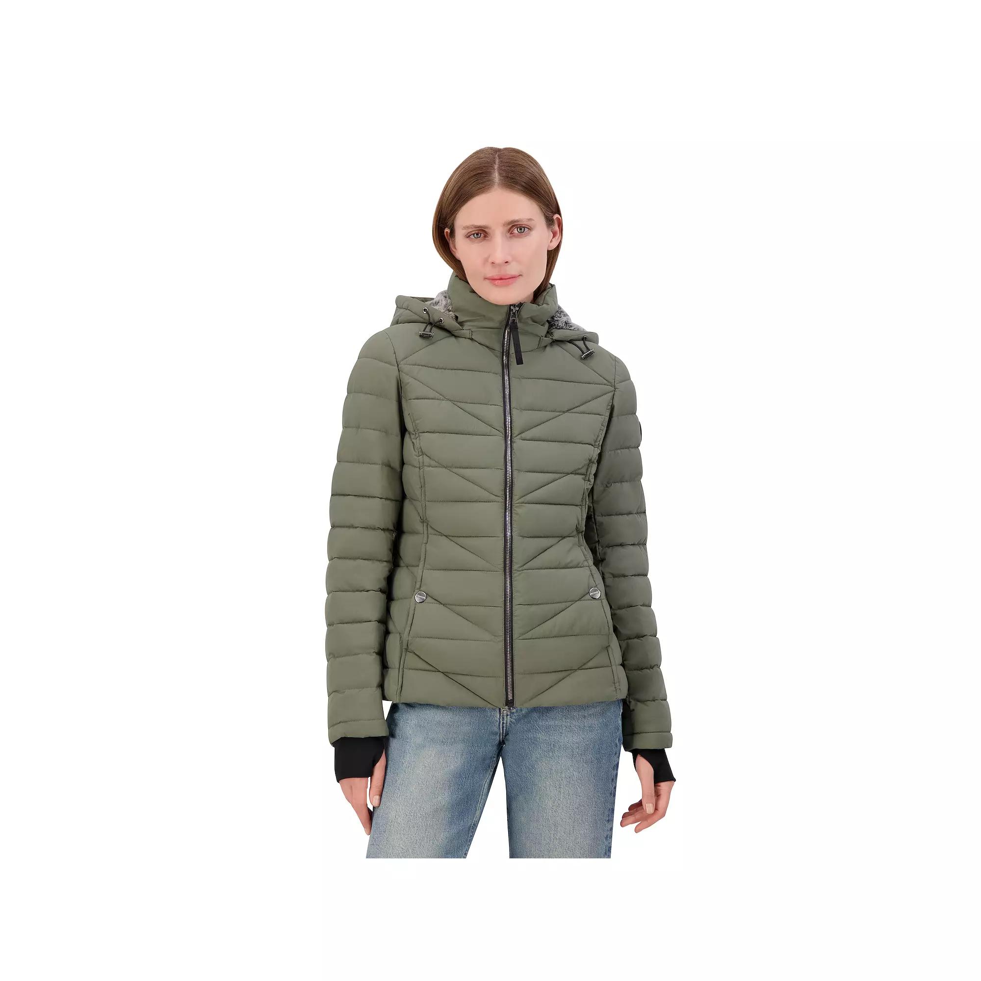 Women's Nautica Short Stretch Faux Fur Lined Hood Puffer Jacket, Girl's, Size: XL, Green Product Image