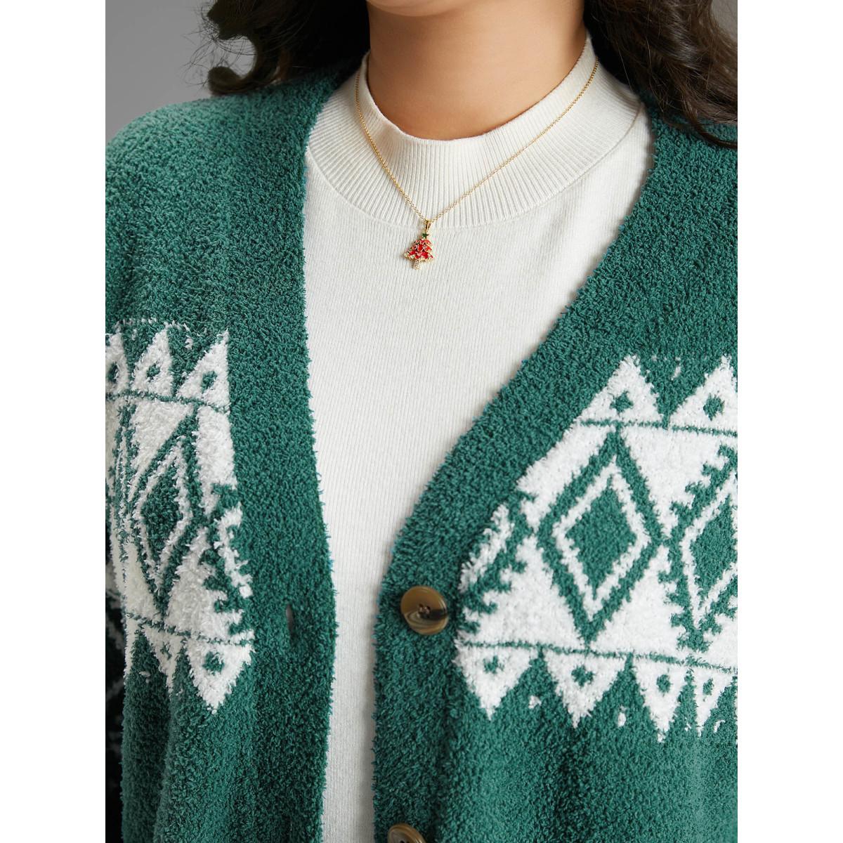 Plus Size Fuzzy Geo Graphic Button Fly Cardigan DarkGreen Women Casual Loose Long Sleeve Festival-Christmas Cardigans BloomChic 26/4X Product Image