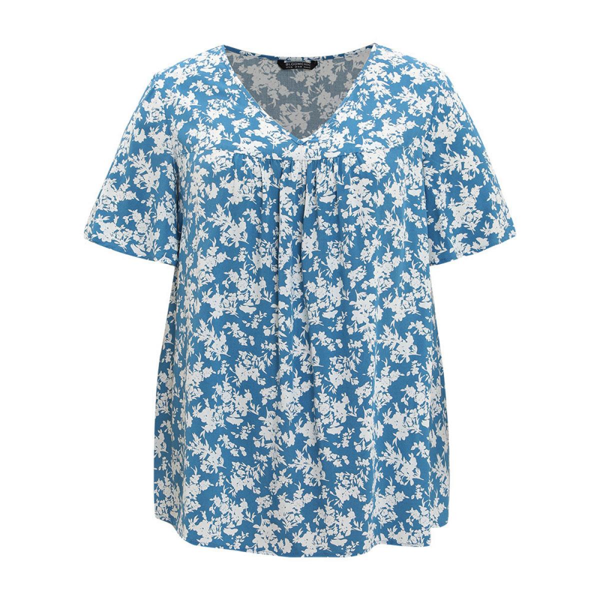 Plus Size Cerulean Floral Flutter Sleeve Gathered Blouse Women Elegant Short sleeve V-neck Dailywear Blouses BloomChic 10/M Product Image
