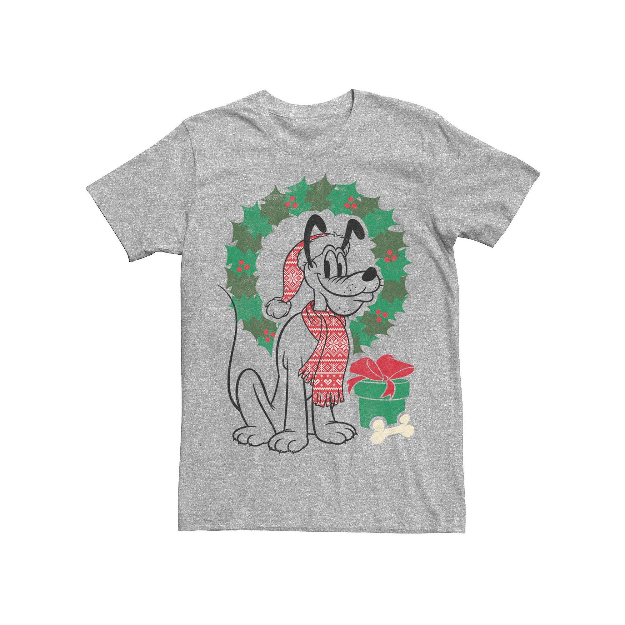 Disney's Pluto Christmas Wreath Portrait Men's Tee, Size: Large, Athletic Grey Product Image