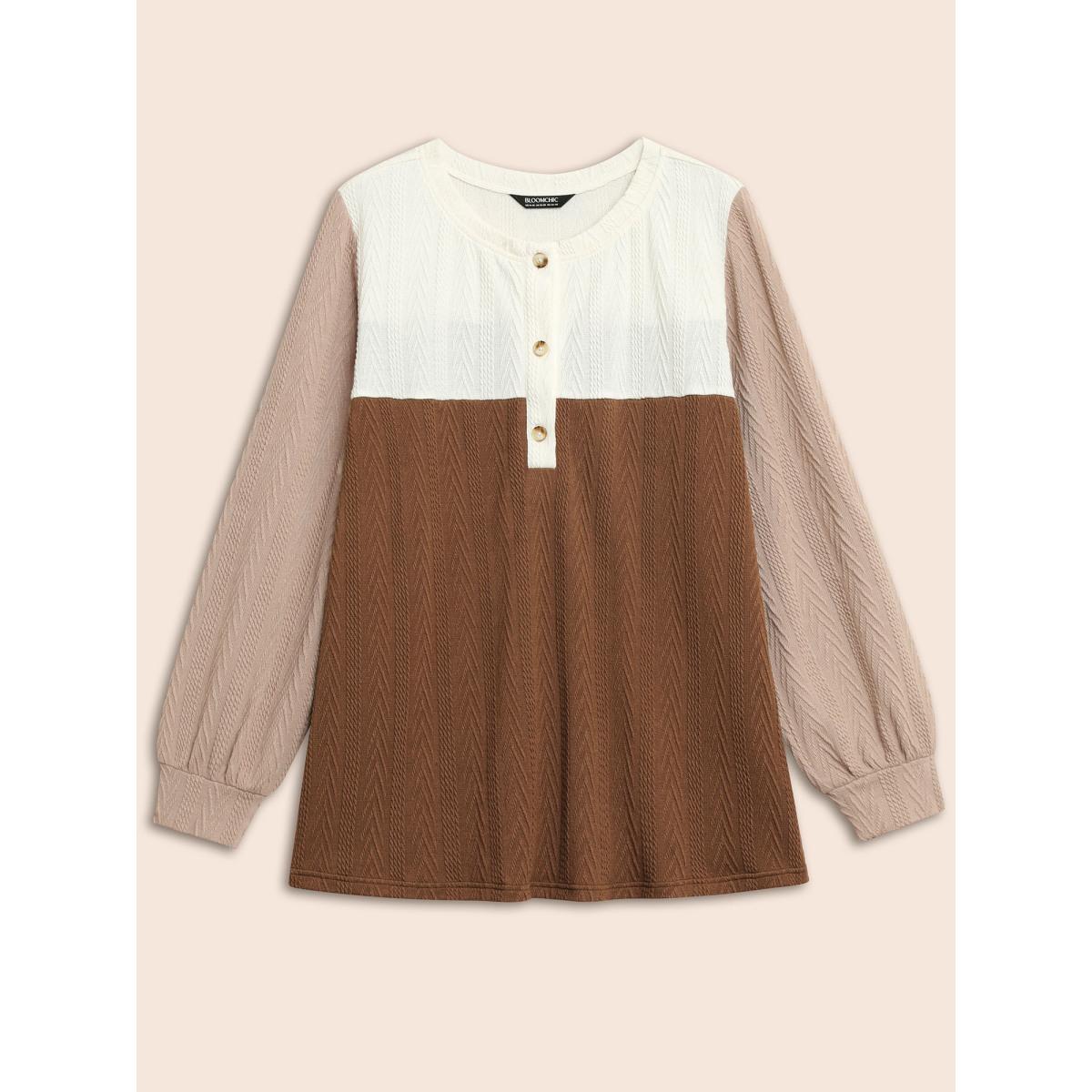 Plus Size Colorblock Contrast Textured Button Up T-shirt Multicolor Women Casual Texture Round Neck Everyday T-shirts BloomChic 10/M Product Image