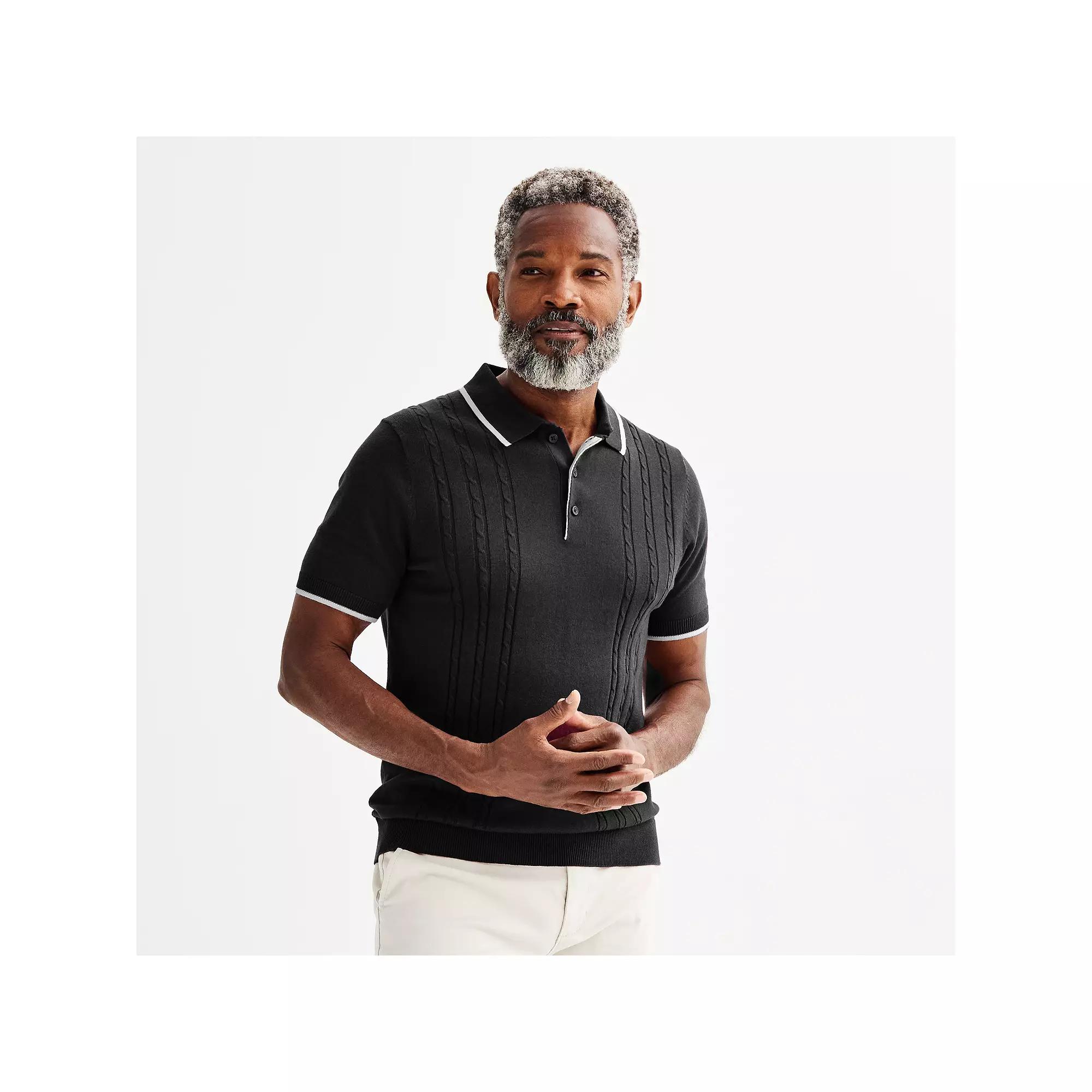 Men's Apt. 9® Short Sleeve Cable Knit Sweater Polo Shirt, Size: Large, Mineral Black Product Image