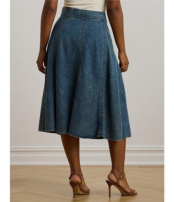 Lauren Ralph Lauren Plus Size Drawcord Waist A-Line Denim Midi Skirt Product Image