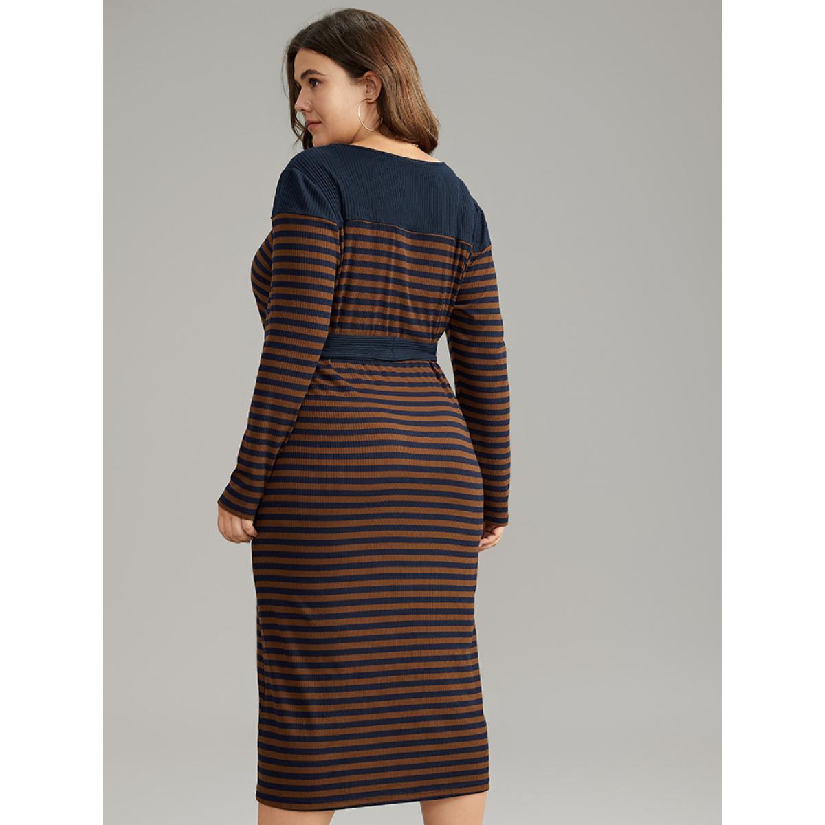 Plus Size Rib Knit Belted Patchwork Contrast Dress DarkBrown Women Casual Belted V-neck Long Sleeve Curvy Midi Dress BloomChic 18-20/2X Product Image