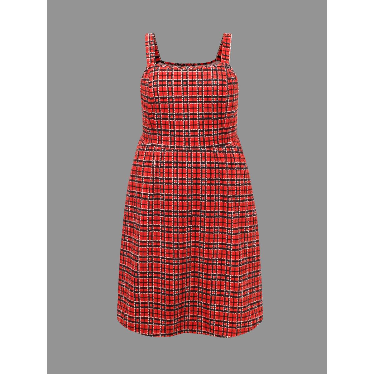 Plus Size Plaid Pinafore Elastic Waist Midi Dress Scarlet Women Elegant Texture Square Neck Sleeveless Curvy BloomChic 26/4X Product Image