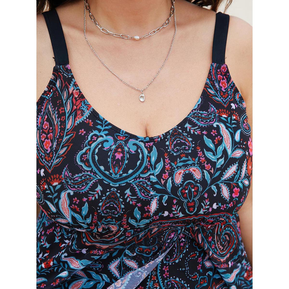 Plus Size Paisley Print Split Ruffle Hem Swim Dress Women's Swimwear BlackFlower Vacation Bodycon Round Neck High stretch Curve Swim Dresses BloomChic 26/4X Product Image