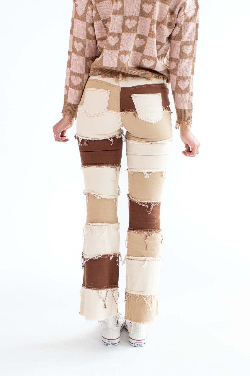 Brown Patchwork Flare Jeans Product Image