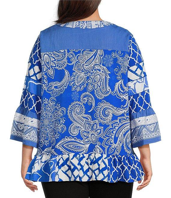 Calessa Plus Size Summer Paisley Split V-Neck Embroidered Tunic Product Image