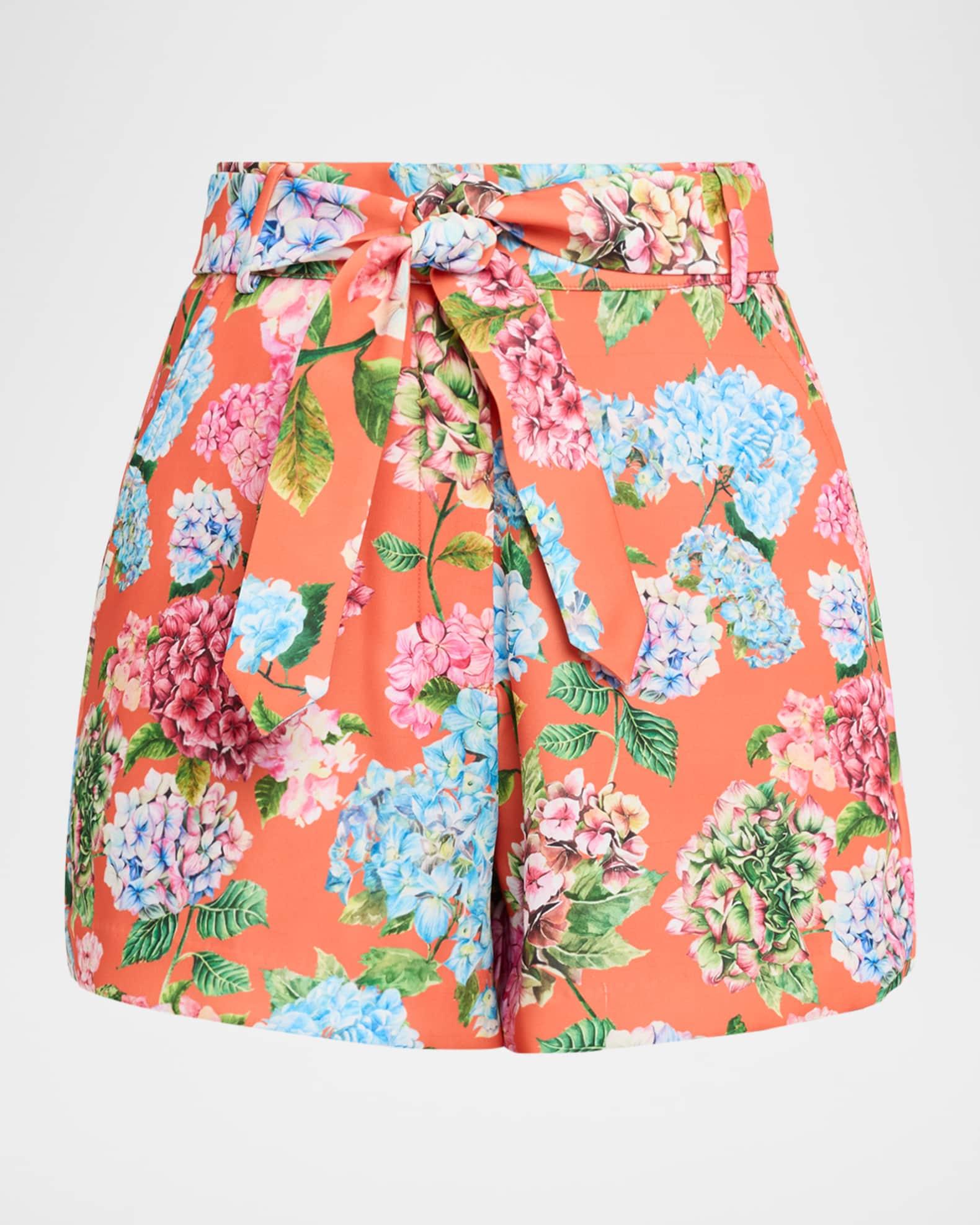 Hand-Painted Hydrangea Print Belted Shorts Product Image
