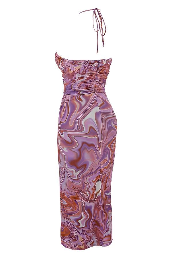 Kasia  purple swirl cutout midi dress Product Image