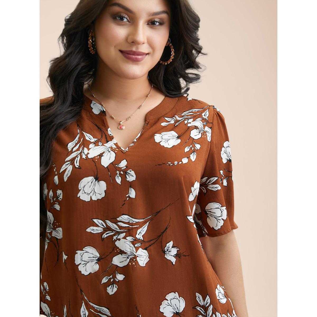 Plus Size Browncoffeecolor Floral Print Notched Collar Hi-Low Hem Blouse Women Elegant Half Sleeve Flat collar with V-notch Everyday Blouses BloomChic 14-16/1X Product Image