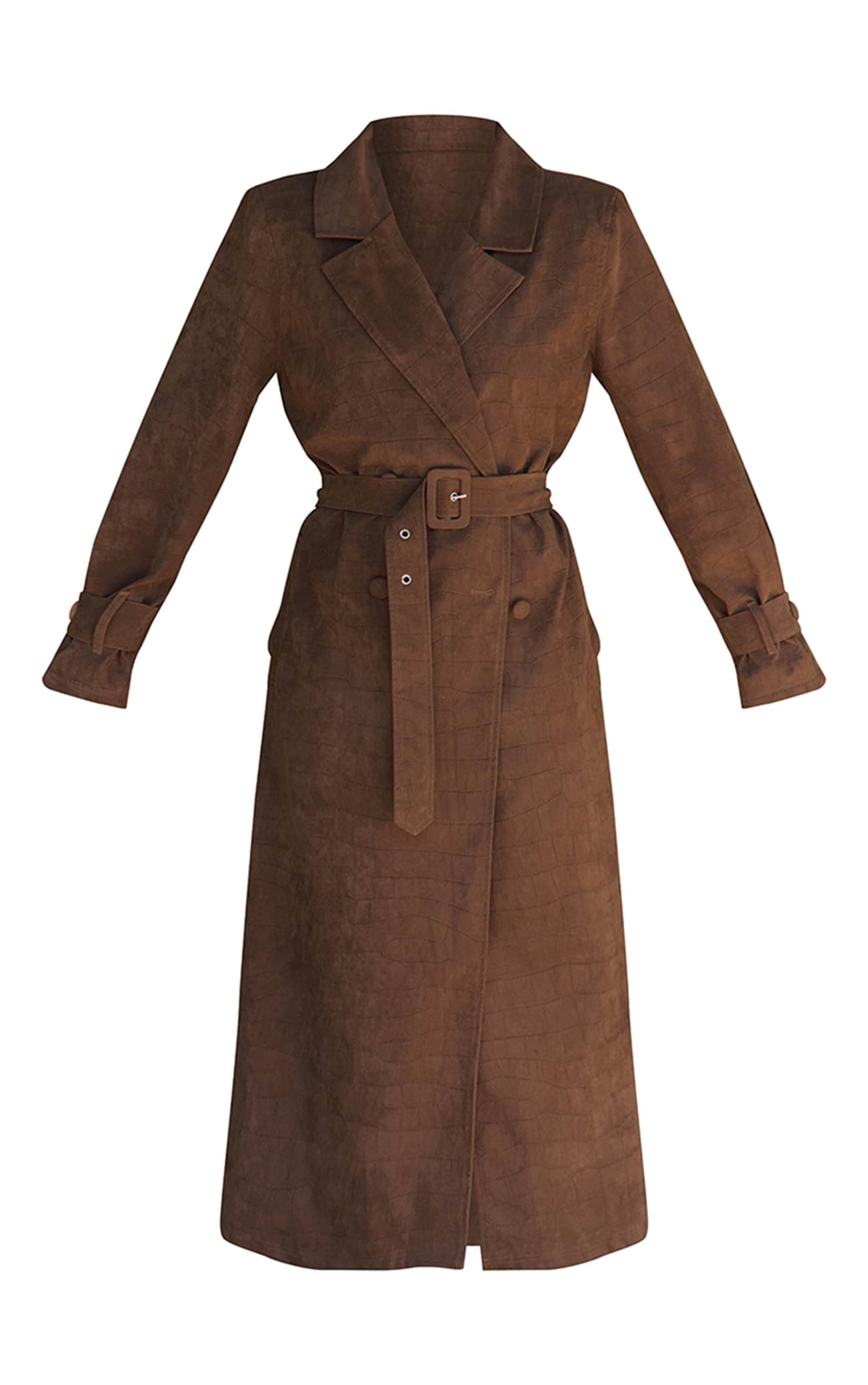 Chocolate Croc Suede Trench Coat Product Image