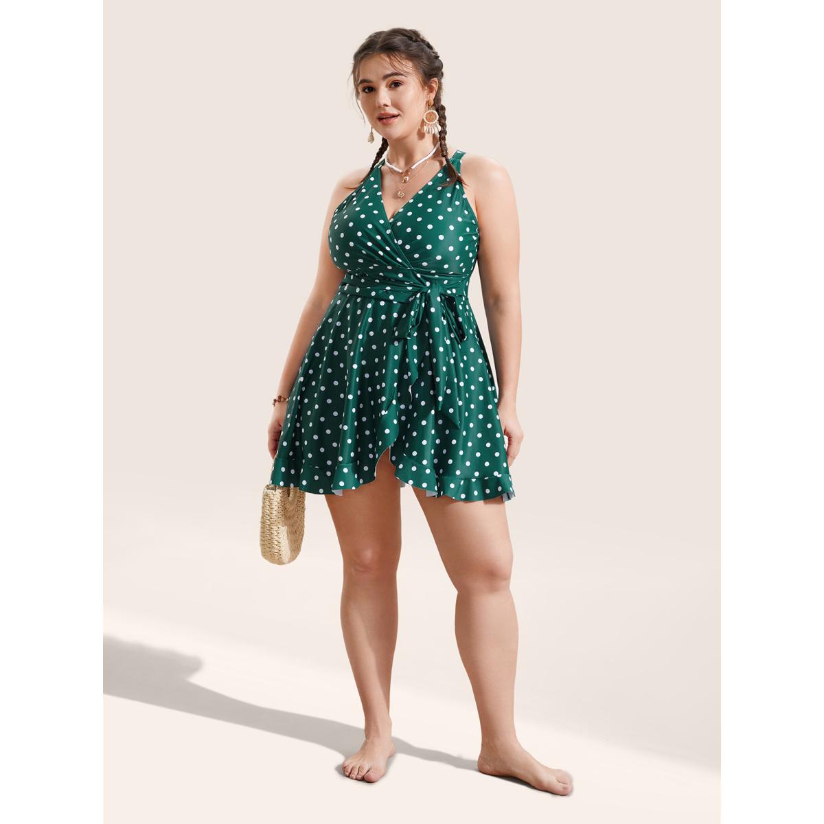 Plus Size Overlap Collar Polka Dot Tie Knot Ruffles Swim Dress Women's Swimwear DarkGreen Beach Bodycon Overlap Collar High stretch Curve Swim Dresses BloomChic 10/M Product Image