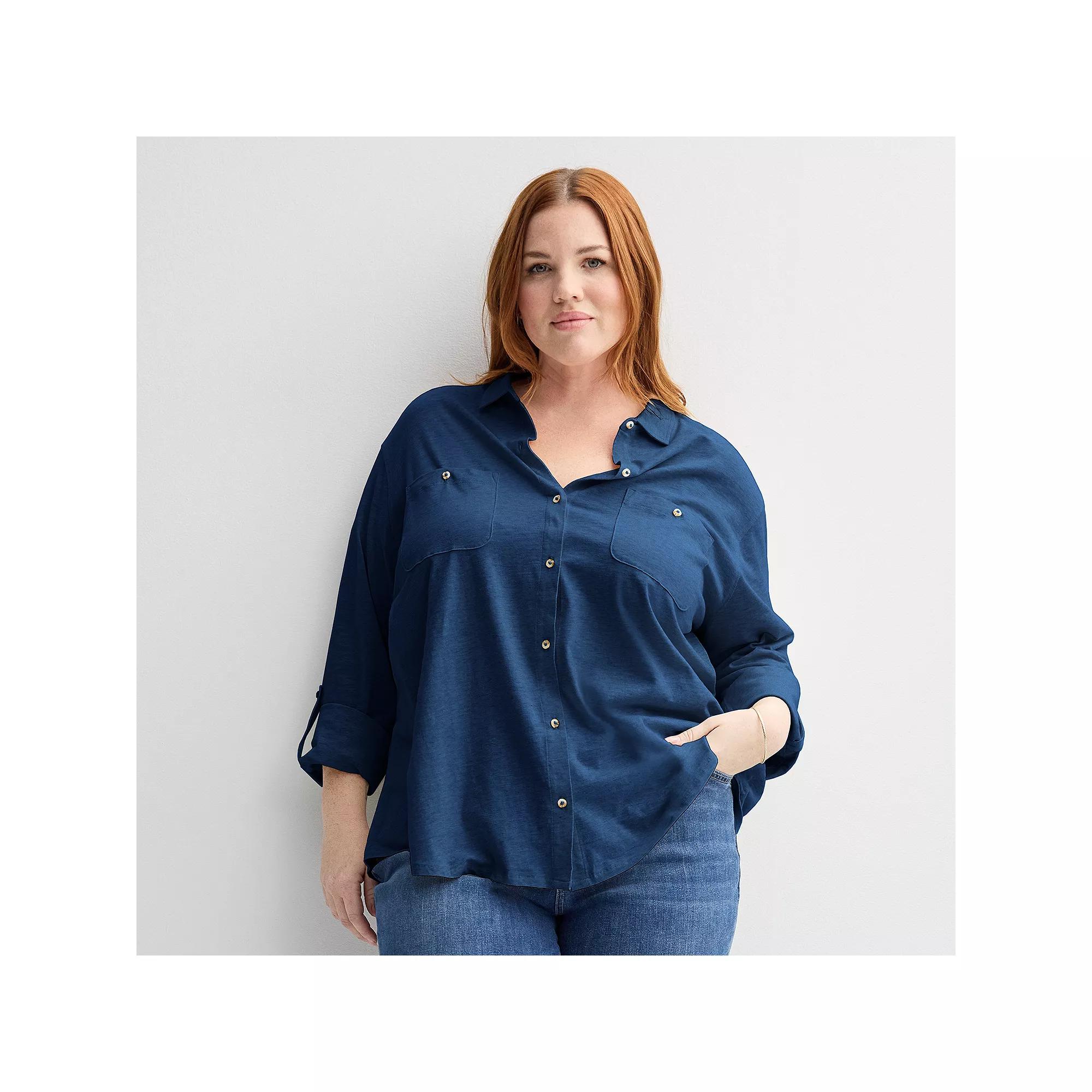Plus Size Sonoma Goods For Life® Collared 3/4 Sleeve Button Down Shirt, Women's, Size: 5XL, Blue Beauty Product Image